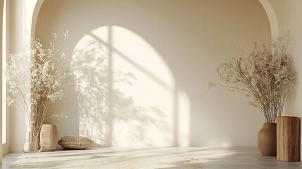 Poster - Minimal and understated decorated backdrop with dried floral arrangements and earthy accents set against an architectural arched window