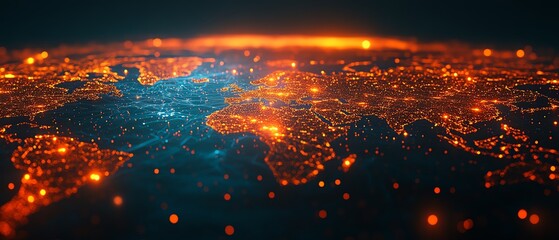 Poster - 3D rendered digital world map with interconnected glowing lines representing virtual networks on a dark background