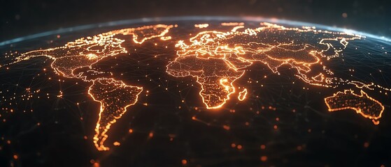 Poster - 3D rendered digital world map with interconnected glowing lines representing virtual networks on a dark background