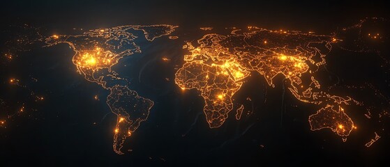 Poster - 3D rendered digital world map with interconnected glowing lines representing virtual networks on a dark background