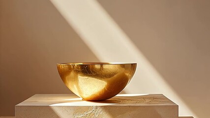 Poster - A beautifully crafted golden bowl rests on a natural stone pedestal, softly lit by sunlight streaming through a nearby window, creating a tranquil atmosphere.