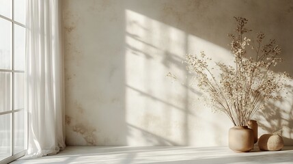 Poster - Soft natural light filters through the curtain casting warm shadows on the dried flowers arrangement in a simple earthy toned vase creating a calming and serene organic atmosphere