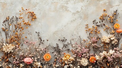 Poster - Textured natural background with layers of dried flowers leaves and petals creating an organic depth and rich earthy aesthetic  Muted warm tones and a close up