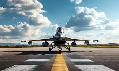 Poster - A fighter jet positioned on a runway under a cloudy sky, ready for takeoff.