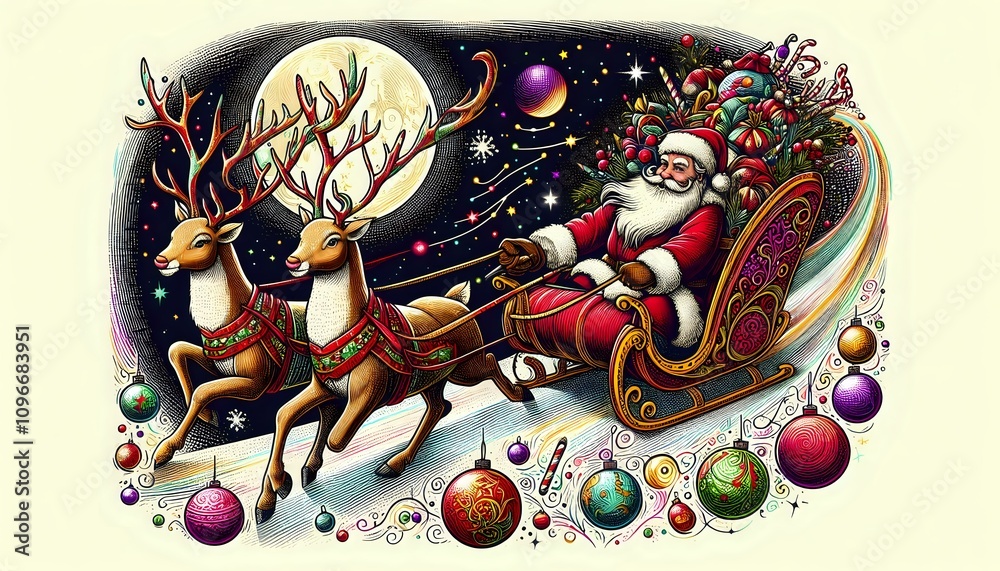 Santa Claus Riding His Sleigh with Reindeer on a Starry Night Stock ...