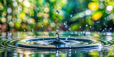 Aufkleber - A single water droplet creates ripples in still water, surrounded by a vibrant bokeh of nature's beauty.