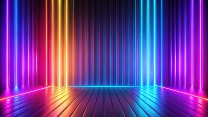 Aufkleber - Abstract Neon Glowing Lines on a Reflective Wooden Floor with Vibrant Colors and High Contrast