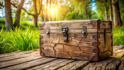 Poster - An Antique Wooden Chest With Metal Clasps Sitting On A Weathered Wooden Plank With A Blurred Green Forest In The Background