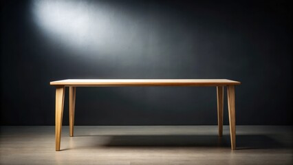 Poster - Wooden table with a dark grey backdrop, featuring a single spotlight shining on the tabletop