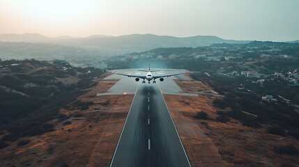 Poster - An airplane approaches a runway amidst a scenic landscape at sunset.