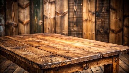Poster - Rustic wooden table surface with a blurred wooden backdrop, perfect for showcasing products or displaying rustic home decor