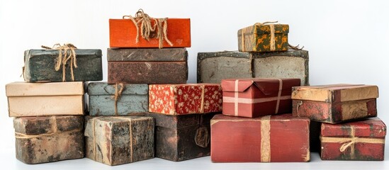 stack of vintage gift boxes in various colors and patterns on a white background perfect for holiday or special occasion decoration