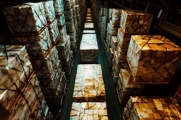 Poster - Aerial view of stacked pallets in a warehouse, organized for storage and distribution.