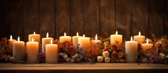 Sticker - Elegant candle display surrounded by autumn flowers on a rustic wooden table creating a warm and inviting atmosphere.