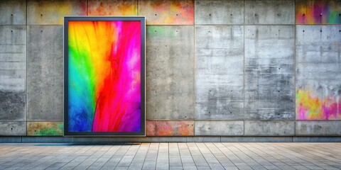 Poster - A vibrant abstract rainbow pattern adorns a large billboard mounted to a weathered concrete wall, creating a striking juxtaposition of color and texture.