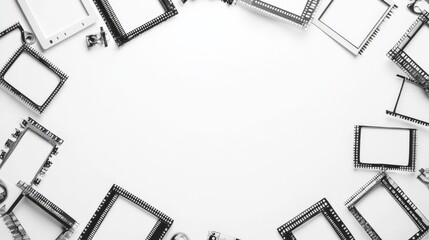 Poster - A creative arrangement of empty picture frames on a clean, white background, ideal for showcasing art, photos, or design concepts in a minimalist style.