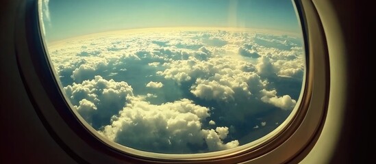 Wall Mural - Aerial view of fluffy clouds illuminated by sunlight from an airplane window during a scenic flight in clear blue skies