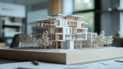 Poster - A model of a building with a lot of windows and a tree in front of it