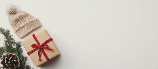 Wall Mural - Christmas gift box adorned with a red ribbon beside a knitted hat and pinecone on a minimalist white background for festive celebrations