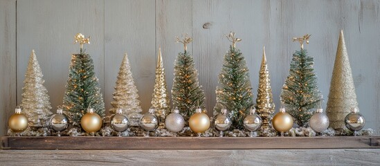 Vintage Christmas tree display with golden icicle decorations silver glass balls arranged on rustic wooden board festive seasonal decor