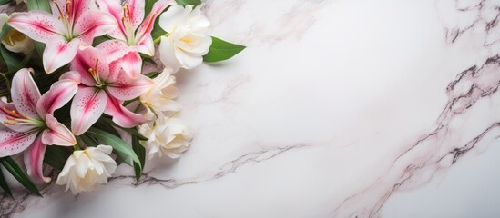 Sticker - Elegant bouquet of pink and white flowers arranged on a beautiful marble surface with ample copyspace for design or marketing purposes