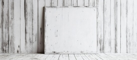 Poster - Rustic white wooden backdrop with a blank sign for product display or photo shoot in natural light setting.