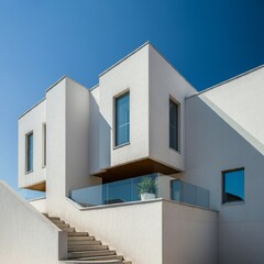 white minimal dublex house with width garden, in sunset