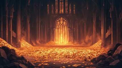 Poster - A mystical interior of a gothic cathedral, filled with golden light and an aura of mystery, creating an enchanting atmosphere for fantasy lovers.