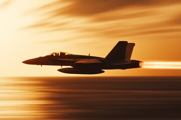 Poster - A fighter jet flying at high speed above the ocean during sunset, showcasing power and agility.