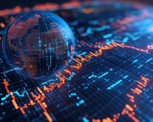 Fototapete - 3D rendered digital globe with moving binary code and financial market graphs, blue background, representing global financial data