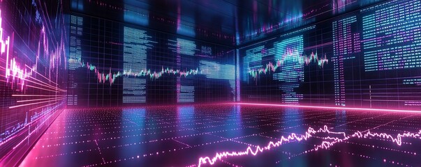 Leinwandbilder - 3D rendering of Forex trading chart with digital market data, global financial indicators, and currency exchange graphs on a glowing background