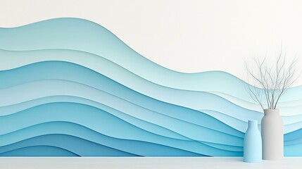 Poster - A serene and modern paper art design featuring layered waves in shades of blue, accented with a minimalist vase and dried branches.