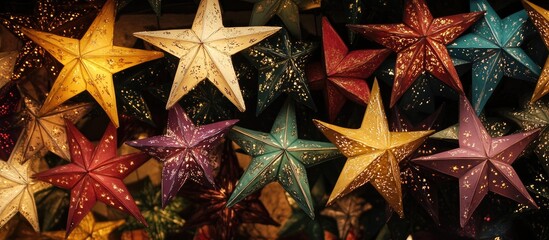 Canvas Print - Colorful decorative stars hanging in a festive display creating a warm and inviting atmosphere for celebrations and holidays