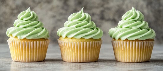 Sticker - Deliciously decorated green frosted cupcakes arranged in a row on a textured gray stone surface showcasing dessert elegance