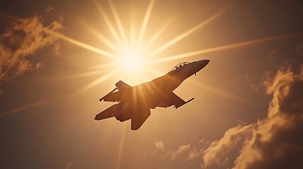 Poster - A silhouette of a fighter jet flying against a bright sun and cloudy sky.