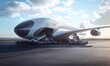 © Pumapala - A futuristic cargo aircraft being loaded on an airport runway under a cloudy sky.