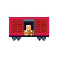 Poster - red train car carrying goods for delivery, open doors revealing cardboard boxes inside