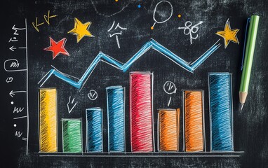 Poster - AI generative handdrawn colorful bar graph and line chart on a chalkboard, dynamic and creative data representation