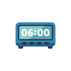 Poster - Blue digital alarm clock displaying 06,00 am or pm on a white background
