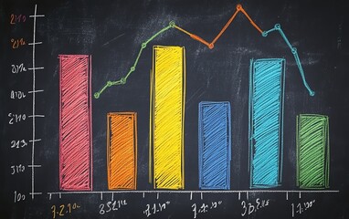 Leinwandbilder - AI generative handdrawn colorful bar graph and line chart on a chalkboard, dynamic and creative data representation