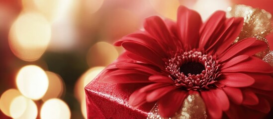 Canvas Print - Close up of a beautifully wrapped gift adorned with a vibrant red flower on a blurred bokeh background for festive occasions