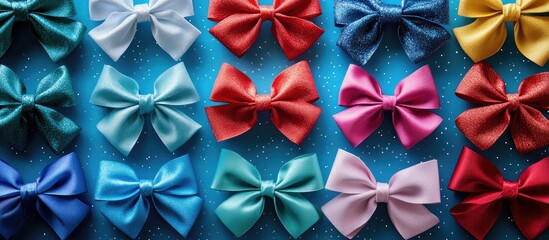 Wall Mural - Flat lay of colorful festive bows on a blue sparkling background for holiday celebrations Christmas and New Year design copy space