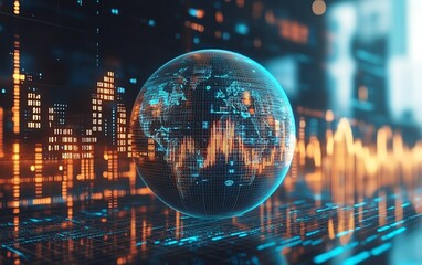 Aufkleber - Blue background with a 3D digital globe, binary code, and financial graphs, showcasing global financial trends and data analysis