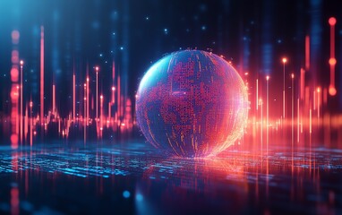 Leinwandbilder - Blue background with a 3D digital globe, binary code, and financial graphs, showcasing global financial trends and data analysis