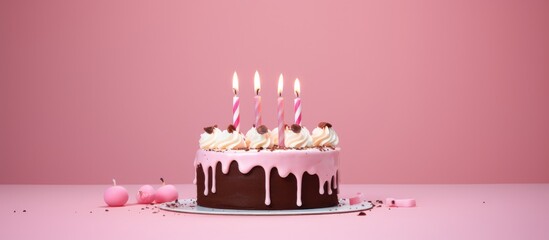 Sticker - Birthday cake with pink frosting and decorative elements set against a soft pink background perfect for celebrations and events.