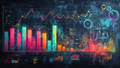 Poster - Chalkboard with handdrawn colorful bar graph and line chart, AI generative design, showcasing dynamic data insights