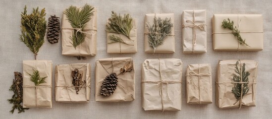 Sticker - Eco-friendly Christmas gifts wrapped in recycled craft paper with natural decorations on a soft linen backdrop for winter celebrations