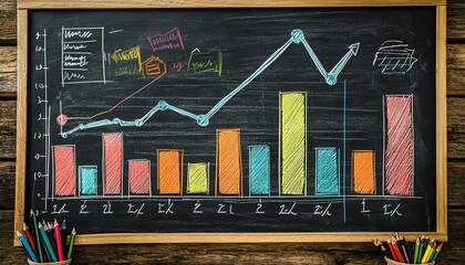 Leinwandbilder - Chalkboard with handdrawn colorful bar graph and line chart, AI generative design, showcasing dynamic data insights