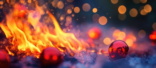 Canvas Print - Bengal fire illuminating festive red ornament balls with a dreamy bokeh background creating a warm and vibrant holiday atmosphere