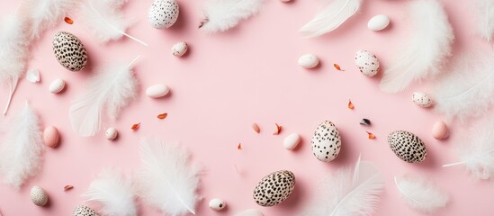 Wall Mural - Easter themed flat lay with quail eggs and white feathers on a soft pink background for festive celebration concepts